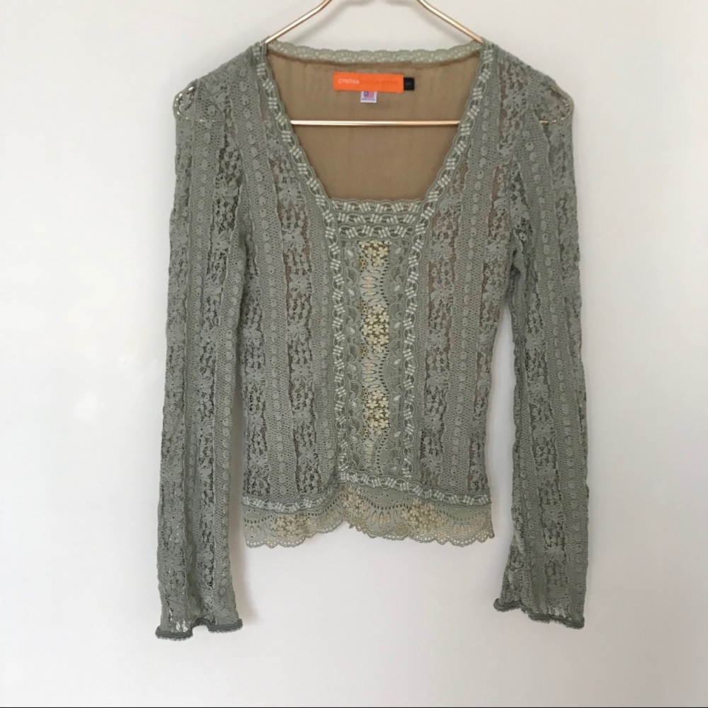 Cynthia Steffe Lace Bell Sleeve Top Sage Green S